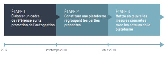 2017: Étape 1, élaborer un cadre de référence. Printemps 2018: Étape 2, constituer une plateforme des parties prenantes. Début 2019: étape 3, mise en oeuvre des mesures concrètes